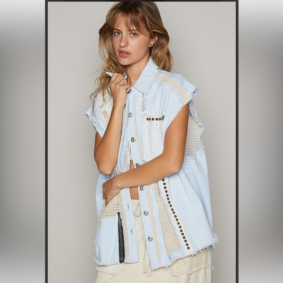 P21. NEW POL Boho Light Blue Sleeveless Vest Jacket Mesh & Stud Detail NEW Item - Picture 5 of 6